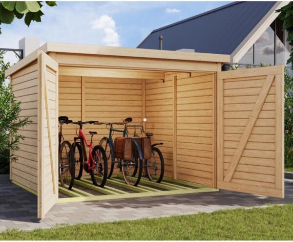 Abri à vélos en bois brut 4,6m² avec kit solaire - pour 4 vélos - Karibu