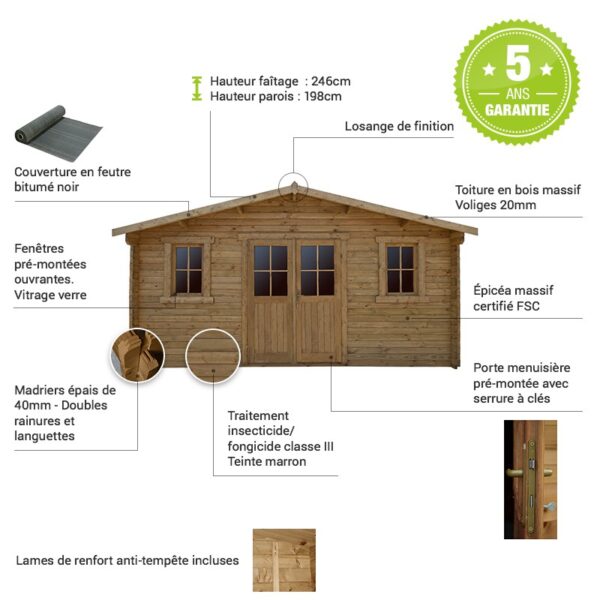 abri-en-bois-massif-198m-plus-40mm-traite-teinte-marron-gardy-shelter (7) Abri en bois massif 19,8m² PLUS 40mm traité teinté marron Gardy Shelter | Livraison rapide